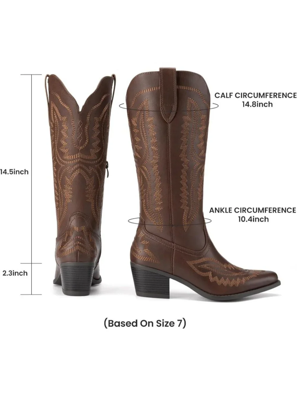 Women's Brown Leather Square Toe Embroidery Western Mid Calf Cowgirl Boots - Picture 3 of 6